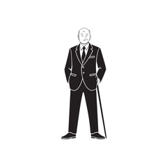 Old person in formal suit black and white vector illustration portrait elegant classic digital artwork