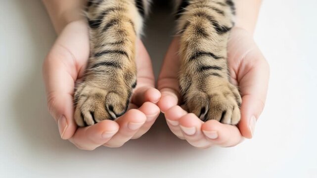 A pair of tigerstriped cat paws rests gently in a pair of cupped human hands against a clean white background