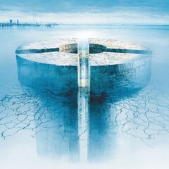 Stone cross structure amidst water and cracked earth with a city skyline visible in the hazy background