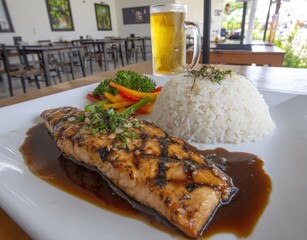 Delicious grilled fish fillet with rice, colorful peppers, and beer on a white plate. Restaurant background