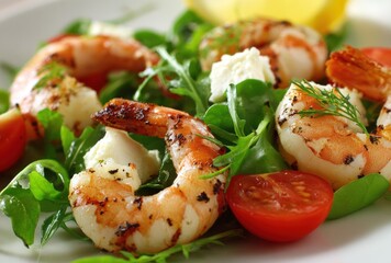 Close-up of grilled shrimp salad with tomatoes, feta, arugula, and lemon on a white plate. Fresh, delicious, and vibrant presentation
