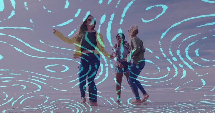 Dancing trio of women on salt flat, turquoise swirl, windbreaker jacket, denim jacket, sunglasses