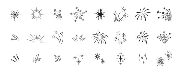 Set of cute fireworks line doodle elements. Lightning, explosion, sunburst, fireworks, bling, motion effects Party, birthday, anniversary and Christmas.