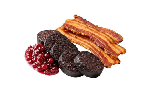 Pan-fried blood pudding, crispy bacon, vibrant lingonberry jam on a white plate, isolated on transparent, soft studio lighting, macro lens, authentic Swedish food concept