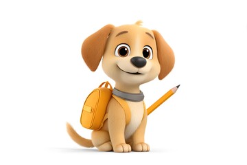Obraz premium A cheerful puppy wearing a tiny backpack and wagging its tail while holding a pencil in its mouth, 3d animation, isolated on a white background