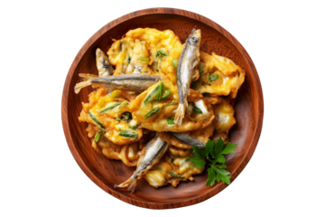 Whitebait Fritters small fish mixed with egg and fried like pancakes on wooden plate, isolated on white transparent background. Concept of New Zealand cuisine