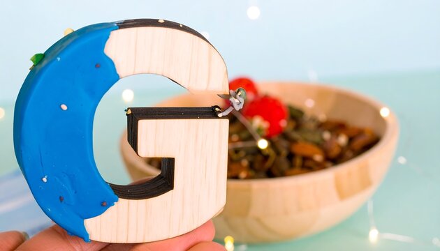 Handheld wooden letter G,  blue icing