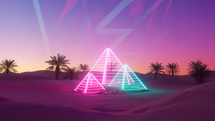 Neon pyramids in desert landscape with palm trees and vibrant sunset sky