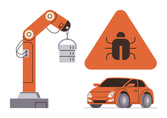 Robotic arm handling data server, car, and error warning icon emphasize automation, cybersecurity, innovation. Ideal for industry, AI, cybersecurity, auto technology risks automation safety simple