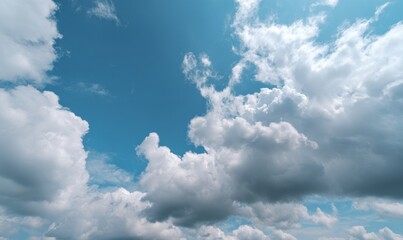 Bright blue sky partially filled with puffy cumulus clouds. High angle, daytime sunlight. Atmosphere
