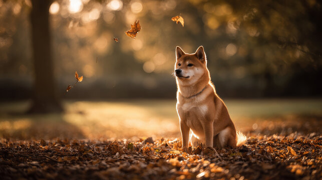 A golden Shiba Inu enjoys a cozy autumn day with falling leaves and a warm glow.