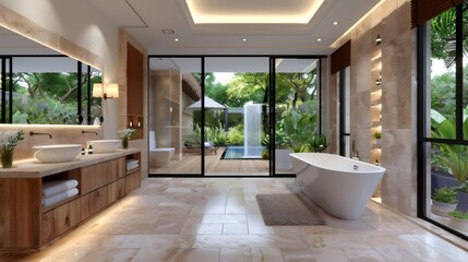 Modern bathroom showing a private garden with waterfall