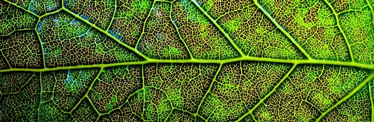 Macro close-up of a colorful leaf. Veins run through the green & brown surface, creating a detailed, organic texture. Light gradient from dark to bright