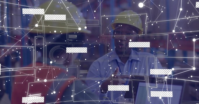Warehouse worker wearing yellow hard hat and blue shirt checking stock in warehouse with AR overlay