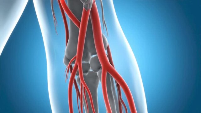 Detailed medical illustration showcasing skeletal and arterial structure of the arms for educational purposes in healthcare, biology, and anatomy materials.