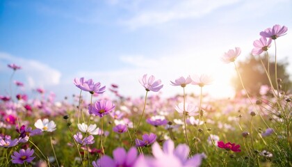 青空とピンク色の美しコスモスの花、秋の風景