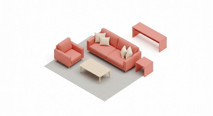 Modern Coral Living Room Furniture Set on Grey Rug