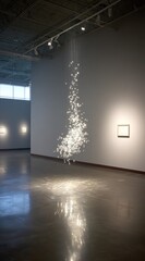 Light fixture, comprised of many small elements, hangs in a bright, modern gallery space with glossy floors