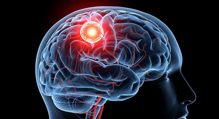 Glowing brain tumor signifies neurological distress and medical emergency, demanding urgent attention