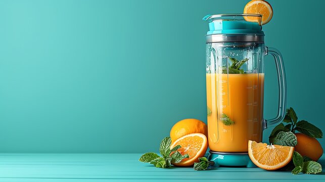Healthy Orange Juice Smoothie in Blender on Teal Background