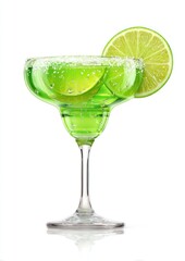 Green liquid in glass with lime slice, rimmed with sugar, isolated on white; bright, refreshing, inviting