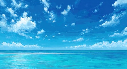 Serene seascape painting featuring a vast, bright blue sky dotted with fluffy white clouds, above calm, turquoise water with a sandy horizon