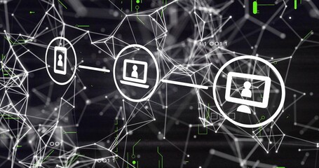 Connecting white circled device icons in virtual cyberspace with mesh network lines