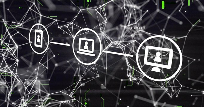 Connecting white circled device icons in virtual cyberspace with mesh network lines
