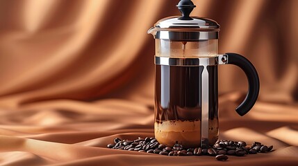 Freshly Brewed Coffee In A French Press With Roasted Beans
