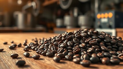 Freshly roasted coffee beans on wood with aromatic steam in warm directional light.