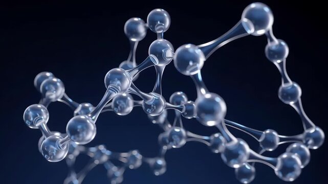 AI clinical trial molecular network laboratory glass showing glossy chemical bond sphere and transparent molecule model for research and medical