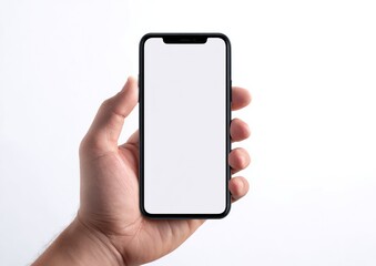 A hand holds a blank-screened black-bordered phone against a white background, centered and well-lit in the frame