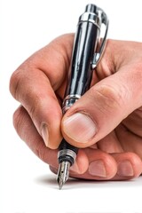 Close-up of a human hand holding and about to write with a silver fountain pen against a white background
