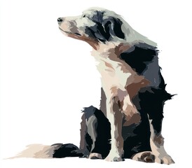 Stylized vector art of a seated, regal dog with multi-hued fur against a solid white background, looking upward