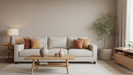 Modern living room with beige sofa and terracotta cushions in daylight
