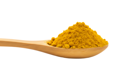 Wooden spoon scooping vibrant yellow curry powder, transparent background