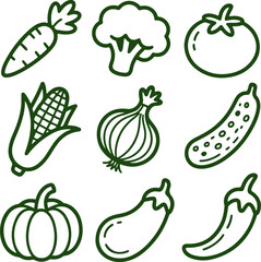 Assortment of Fresh Vegetables and Produce, Illustrated in a Simple Outline Style
