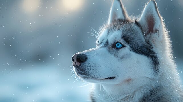 Majestic Husky Dog With Striking Blue Eyes In Winter Snowfall - Powered by Adobe