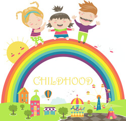 Happy children with rainbow and carousel. Vector illustration