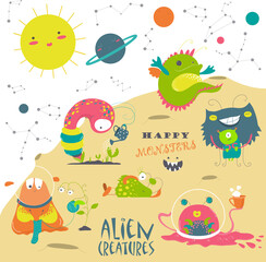 Vector set of cute cartoon alien and space