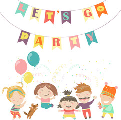 Happy kids celebrating Birthday. Vector greeting card