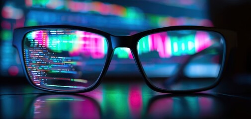 The Glasses Reflecting Colorful Code on a Computer Monitor in a Dark Workspace