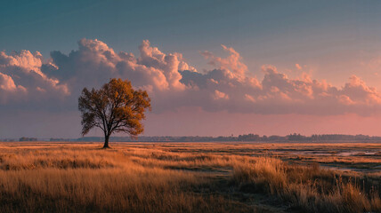 Fototapeta premium Tree in autumn field landscape with dramatic clouds realistic photo for education poster