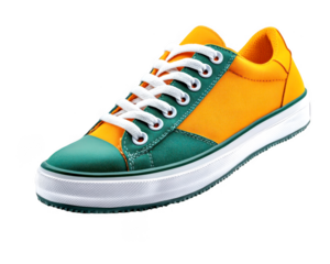 Angled view of two tone green and yellow sneaker on transparent background