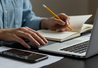 A person takes notes by hand with a yellow pencil, next to a laptop and smartphone.