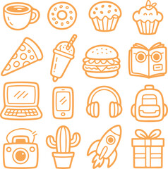 Food, objects, and everyday essentials doodles for various creative projects