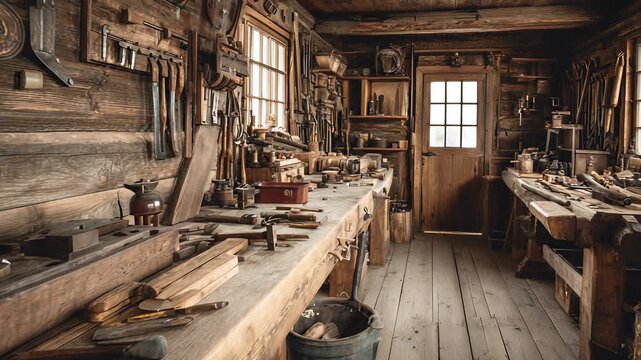 Rustic Woodworking Workshop Interior with Tools and Equipment: A Vintage Carpenter's Studio Featuring Workbench, Hand Tools, and Natural Light - Powered by Adobe