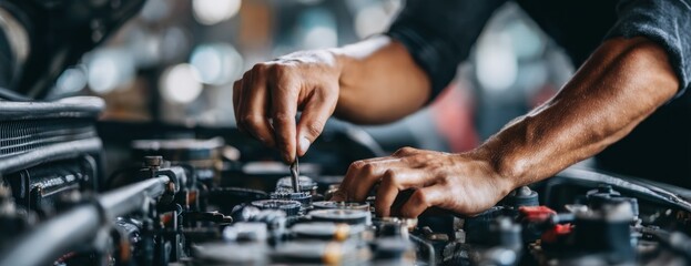 A person's hands using a tool on a car engine, with a blurred background creating soft bokeh lights, and a dark-toned shirt and engine