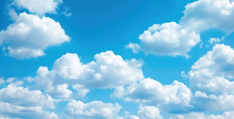 Expansive blue sky filled with fluffy, white clouds creates a peaceful and airy atmosphere. A bright, sunny day provides the backdrop