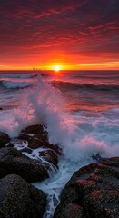 Fototapeta premium Experience a vibrant ocean sunrise as waves crash against rugged rocks, casting a warm, golden glow across the horizon and filling the sky with fiery hues